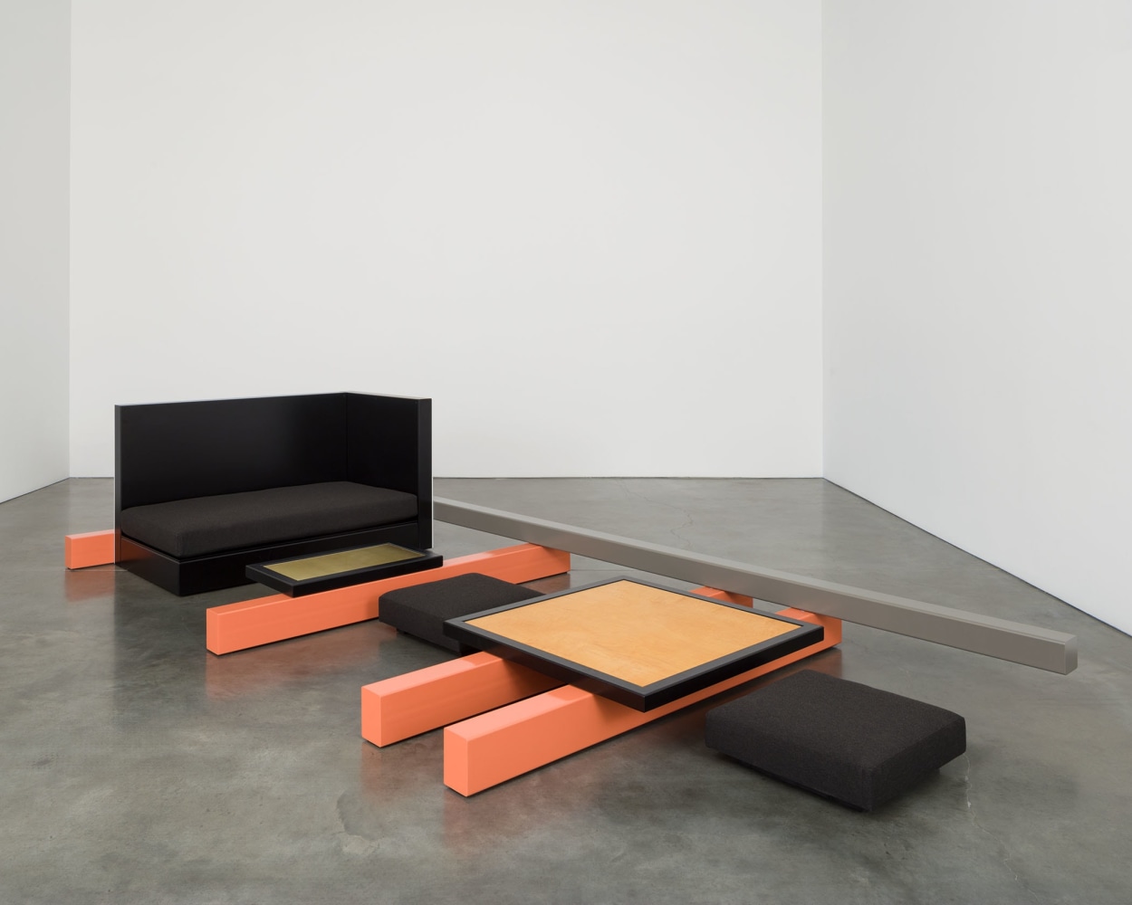 Linear Sequence #1
2016
Powder-coated steel and aluminum, tung oiled Birdseye Maple Plywood, brass, 3 cushions
Overall Dimensions:
32 1/2 x 168 x 72 inches (82.6 x 426.7 x 182.9 cm)