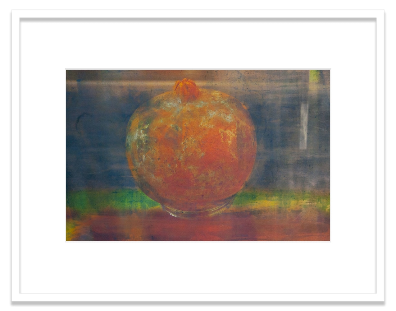 Terra Cotta Pomegranate
2020
Oil pigment, electrostatic print on polyester (Winsor &amp;amp; Newton Artists&amp;#39; Oil Color, HP Color&amp;nbsp;LaserJet CP5225&amp;nbsp;on Pronto Plate)&amp;nbsp;
Image Dimensions:&amp;nbsp;11 1/2 x&amp;nbsp;17 1/4&amp;nbsp;inches (29.2 x 43.8 cm)
Framed Dimensions:&amp;nbsp;18 &amp;frac34; x 24 inches (47.6 x 61 cm)
Variable edition of 5 + 1AP