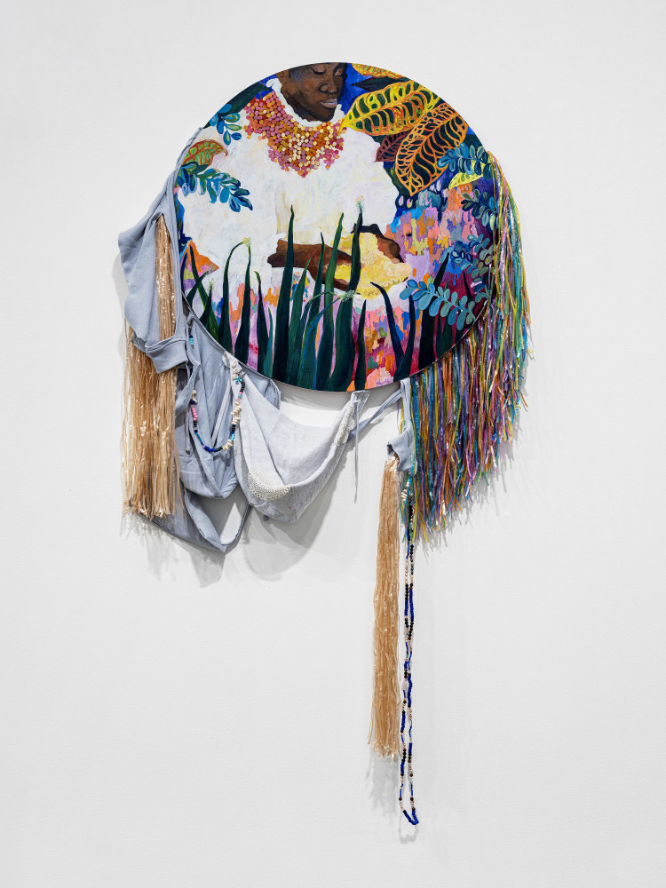 Alberta Whittle
Placing Offerings Below the Soil
2024
Acrylic with water from the Osun River, Nigeria, on canvas, hooded sweatshirts, raffia, lace doilies, Cowrie shells and pony beads
46 1/2 x 40 1/8 x 2 3/4 inches (118.1 x 101.9 x 7 cm)