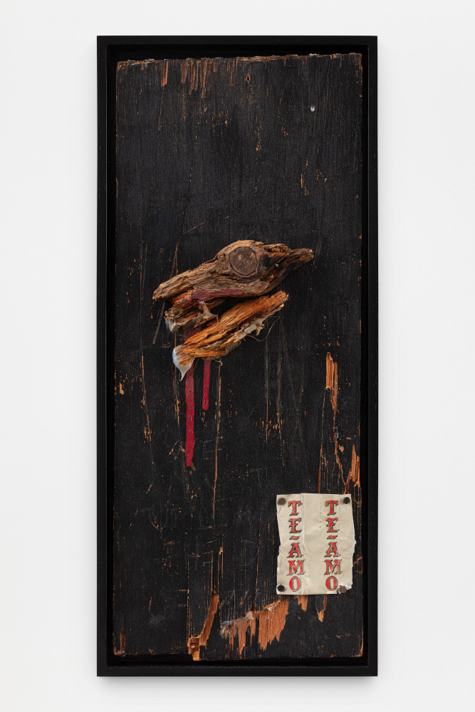 Jack Pierson
Lone Wolf
1985
Assemblage, wood, paint, a magazine photograph, tape, rubber cement, blood
Framed Dimensions:
20 3/8 x 9 x 2 inches (51.8 x 22.9 x 5.1 cm)
Artwork Dimensions:
19 1/4 x 8 3/4 inches (48.9 x 22.2 cm)
$35,000