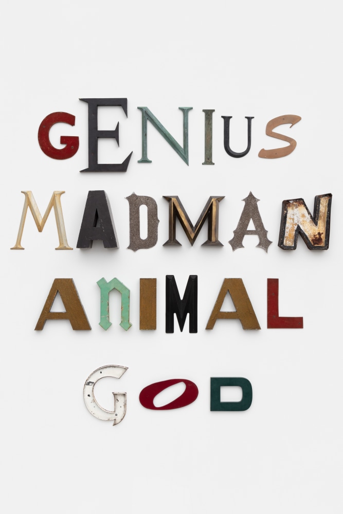 Jack Pierson
Genius Madman Animal God
2020
Card stock, enamel, glitter, masonite, metal and wood
78 1/2 x 77 1/2 x 5 1/4 inches (199.4 x 196.9 x 13.3 cm)
$200,000