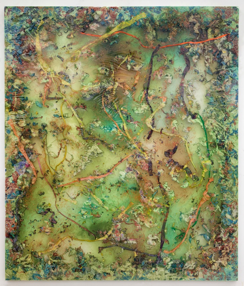 Kevin Beasley
Site XXXVIII
2023
Polyurethane resin, raw Virginia cotton, altered housedresses, altered t-shirts, shoelaces, confetti housedresses, confetti t-shirts, fiberglass
74 1/2 x 63 1/4 x 2 inches (189.2 x 160.7 x 5.1 cm)