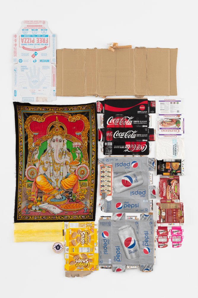 Jack Pierson
Ginger Ganesha
2021
Banker pins, cardboard, cloth, and paper
92 x 59 1/2 x 2 inches (233.7 x 151.1 x 5.1 cm)
$35,000