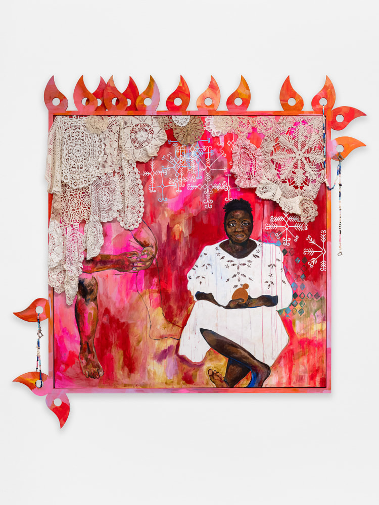 Alberta Whittle
Genealogies of Chosen Family (Blessing Amos aka Precious)
2024
Acrylic with water from the Osun River, Nigeria, on canvas, painted wooden frame with fretwork and lace doilies
68 7/8 x 62 1/4 x 3 1/8 inches (174.9 x 158.1 x 7.9 cm)