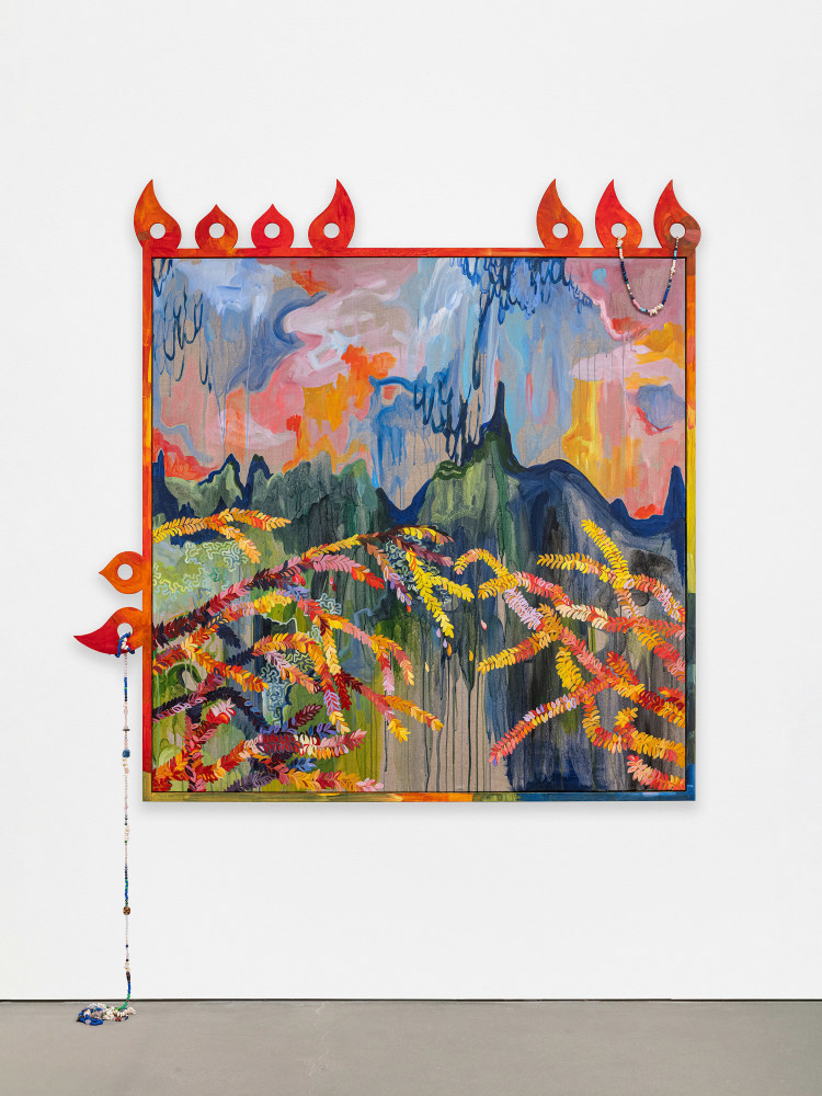 Alberta Whittle
Red Sky at Night, Shepherd&amp;#39;s Delight
2024
Acrylic with water from the Osun River, Nigeria, on linen, painted wooden frame with fretwork
68 7/8 x 63 x 2 3/8 inches (175 x 160 x 6 cm)