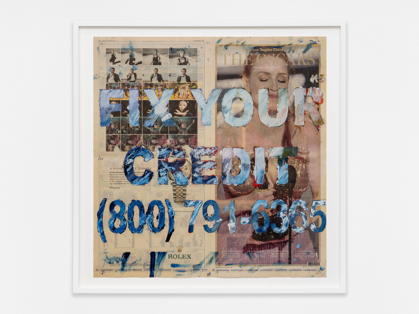 Walead Beshty
FIX YOUR CREDIT (800) 791-6365 [Los Angeles Times, Monday 28 March 2022; Los Angeles, California]
2023
Oil pastel on newspaper
25 5/8 x 25 5/8 x 1 3/4 inches (65.1 x 65.1 x 4.4 cm)