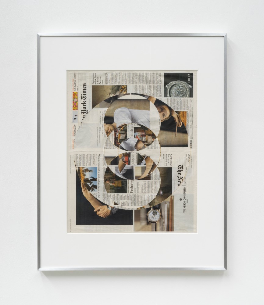 Walead Beshty
Blind Collage (Three 180&amp;ordm; Rotations, The New York Times, January 21, 2020)
2020
Newspaper, tape, and 22 karat gold leaf
39 1/8 x 31 1/4 inches (99.4 x 79.4&amp;nbsp;cm)