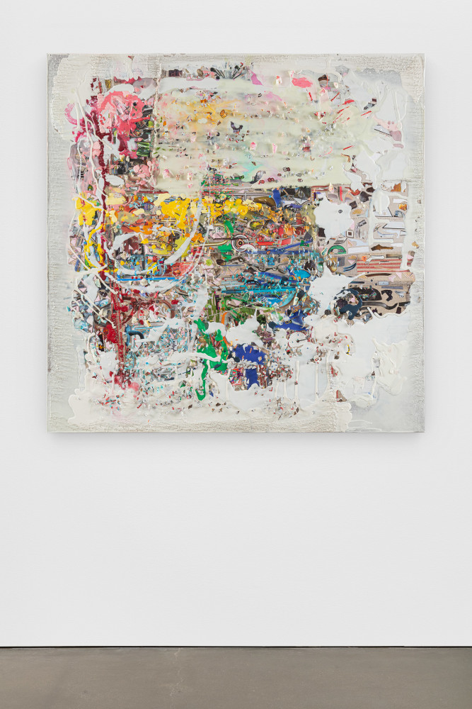 Elliott Hundley
Target
2020
Oil stick, encaustic, paper, fabric, plastic, photographs and pins on linen over panel
48 1/2 x 48 3/4 x 4 inches (123.2 x 123.8 x 10.2 cm)