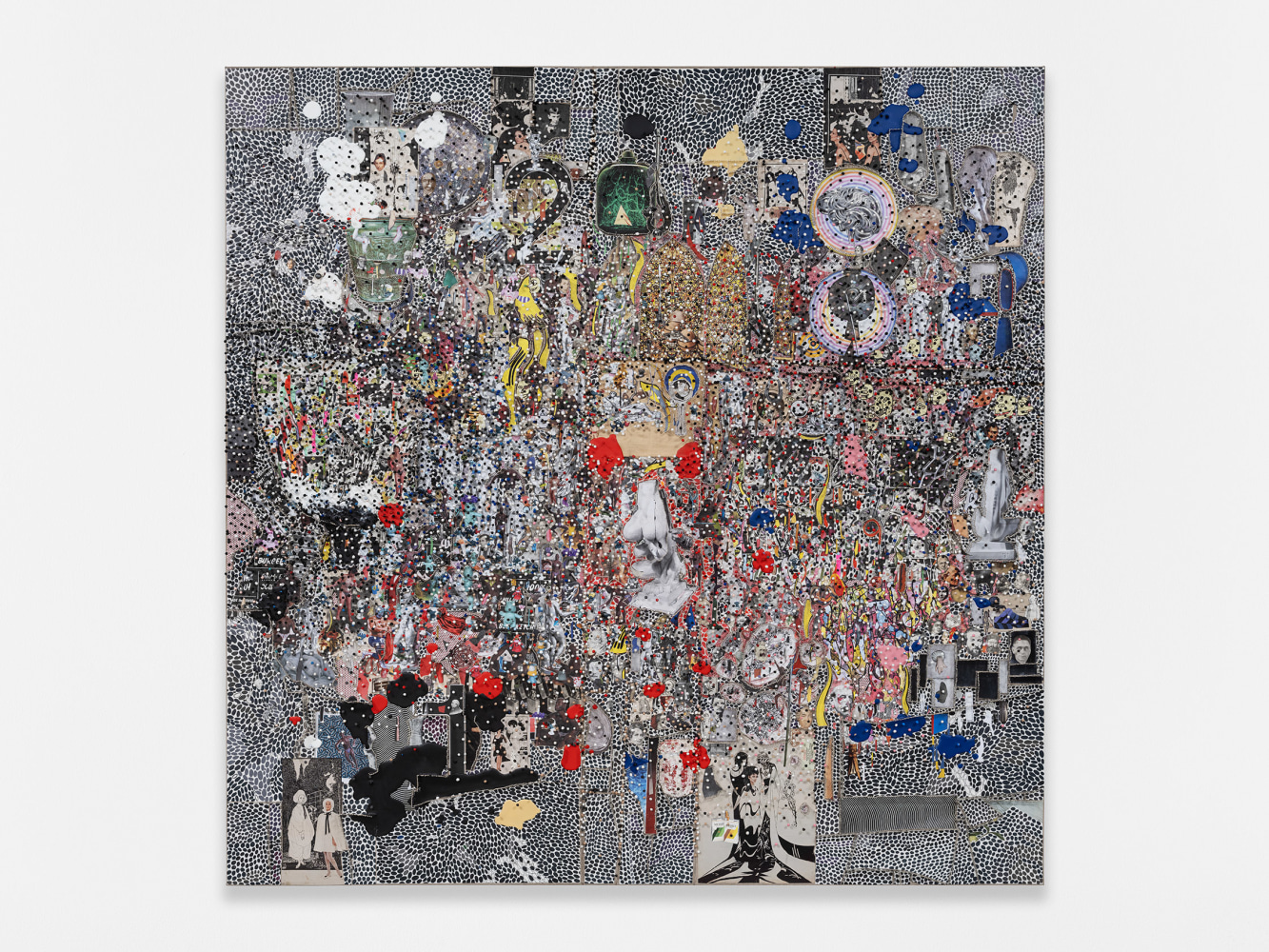 Elliott Hundley
2.2.24.1
2024
Colored pencil, encaustic, polymer clay, paper, fabric, plastic, and pins on linen over panel
72 1/2 x 72 1/4 x 5 1/4 inches (184.2 x 183.5 x 13.3 cm)