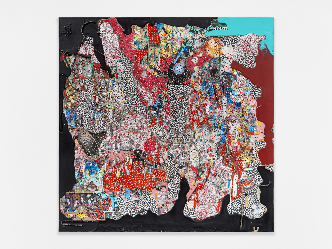 Elliott Hundley
14.5.24.2
2024
Encaustic, polymer clay, paper, pins, colored pencil, plastic, metal, wire, string, shells, linen and foam on panel
48 1/4 x 48 3/8 x 5 1/2 inches (122.6 x 122.9 x 14 cm)