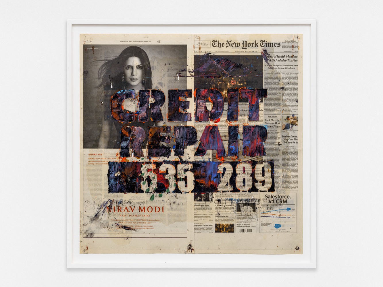 Walead Beshty
CREDIT REPAIR (323) 535.7289 [The New York Times, Wednesday 15 November 2017; Los Angeles, California]
2023
Oil pastel and staples on newspaper
25 5/8 x 25 5/8 x 1 3/4 inches (65.1 x 65.1 x 4.4 cm)