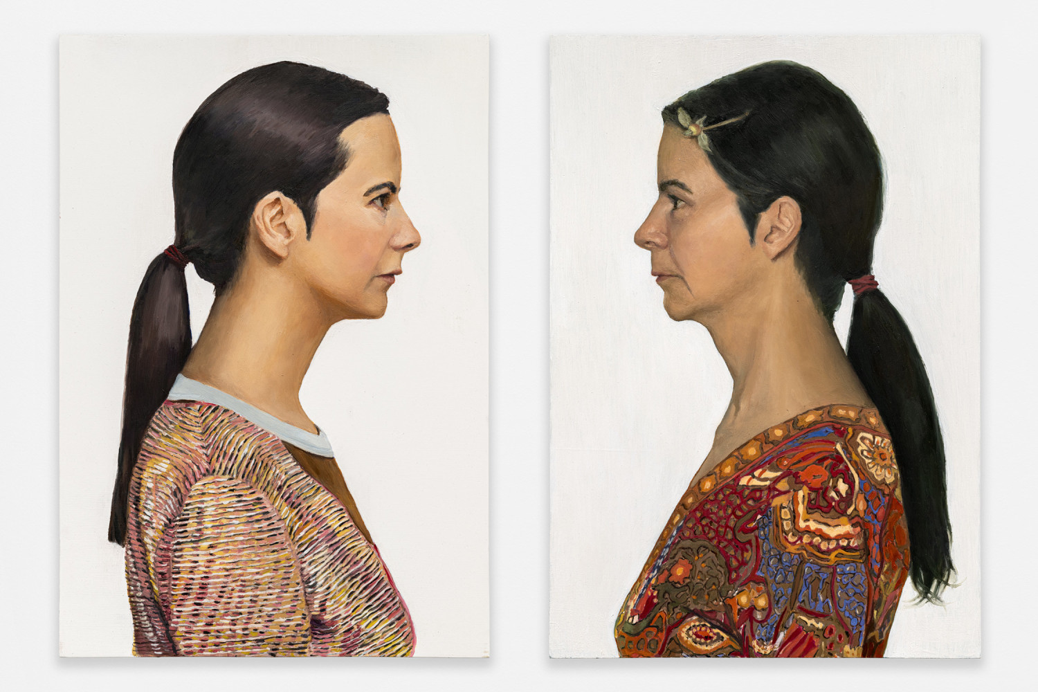 Gillian Wearing
Looking forward, Looking backward
2023
Oil on thick board
Two panels, each: 20 1/2 x 14 1/8 x 1 3/8 inches (52 x 36 x 3.5 cm)