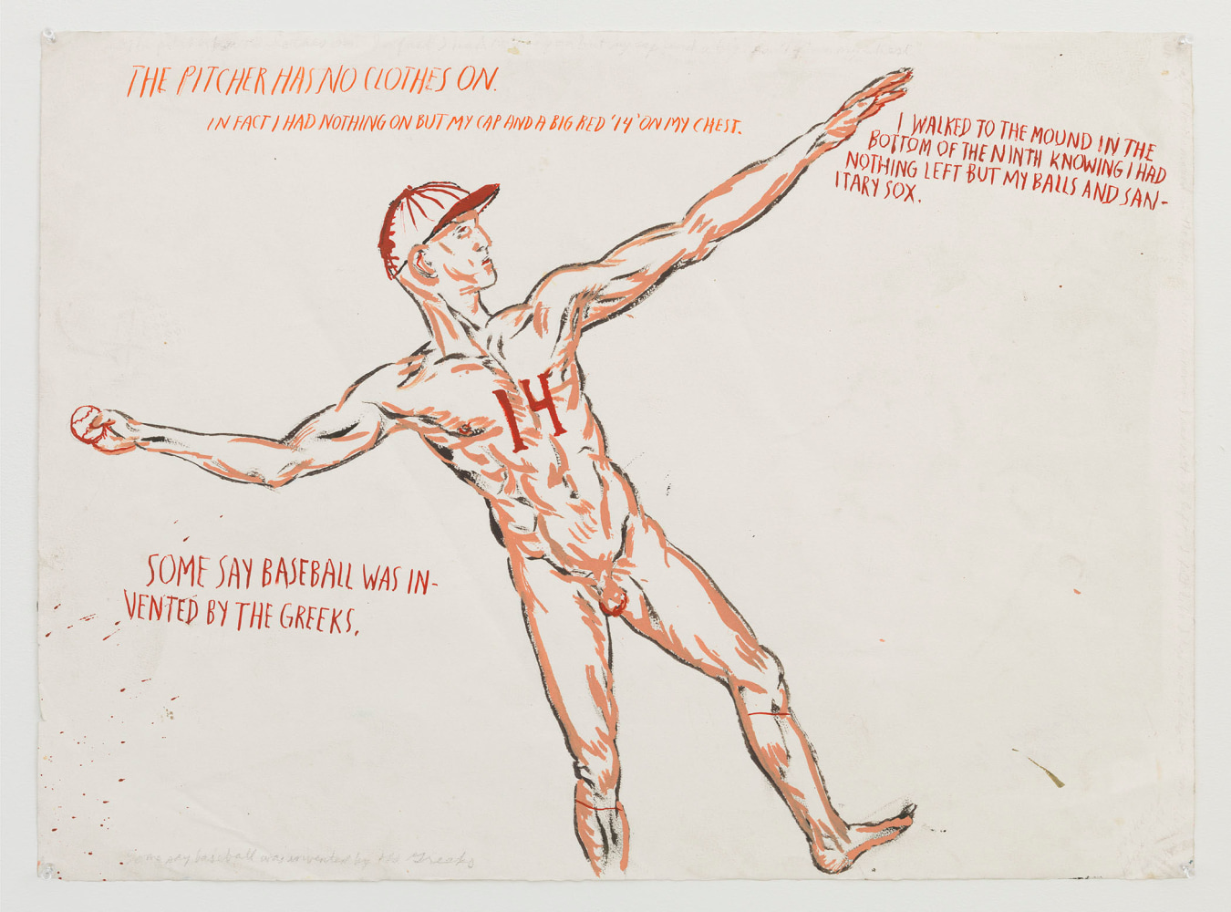 Raymond Pettibon
No Title (The pitcher has)
2014
Ink, gouache, graphite and acrylic on paper
22 1/4 x 30 1/4 inches (56.5 x 76.8 cm)