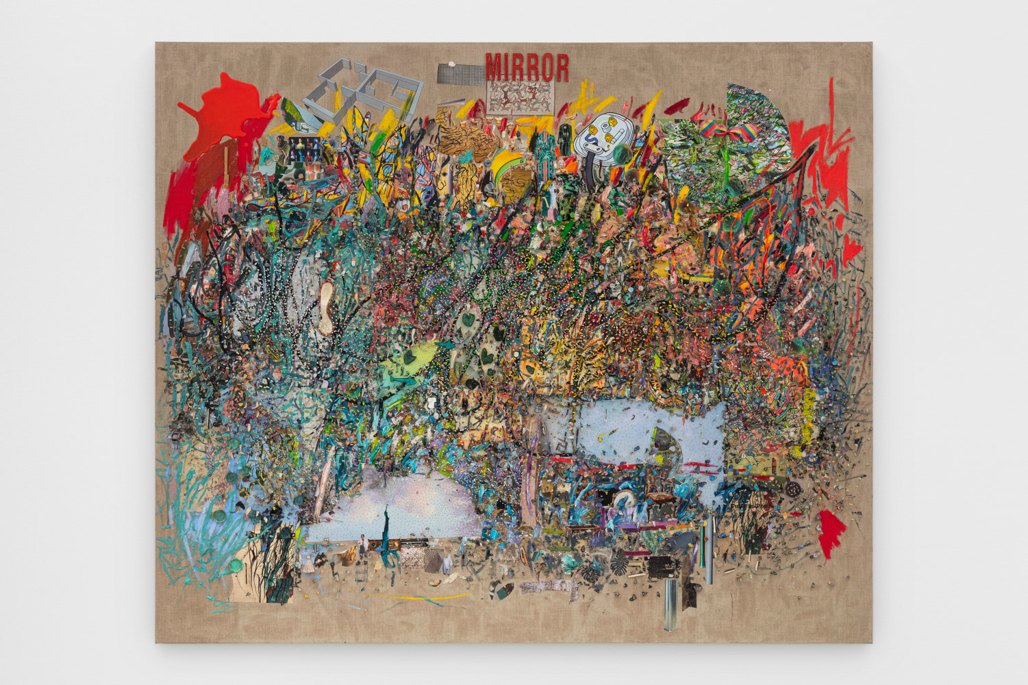 Elliott Hundley
Mirror
2020
Oil, encaustic, paper, plastic, pins, photographs, fabric, leather, thread, foam and linen on panel
72 5/8 x 86 1/8 x 4 inches (184.5 x 218.8 x 10.2 cm)

$130,000


DOUBLE CLICK IMAGE FOR MORE VIEWS