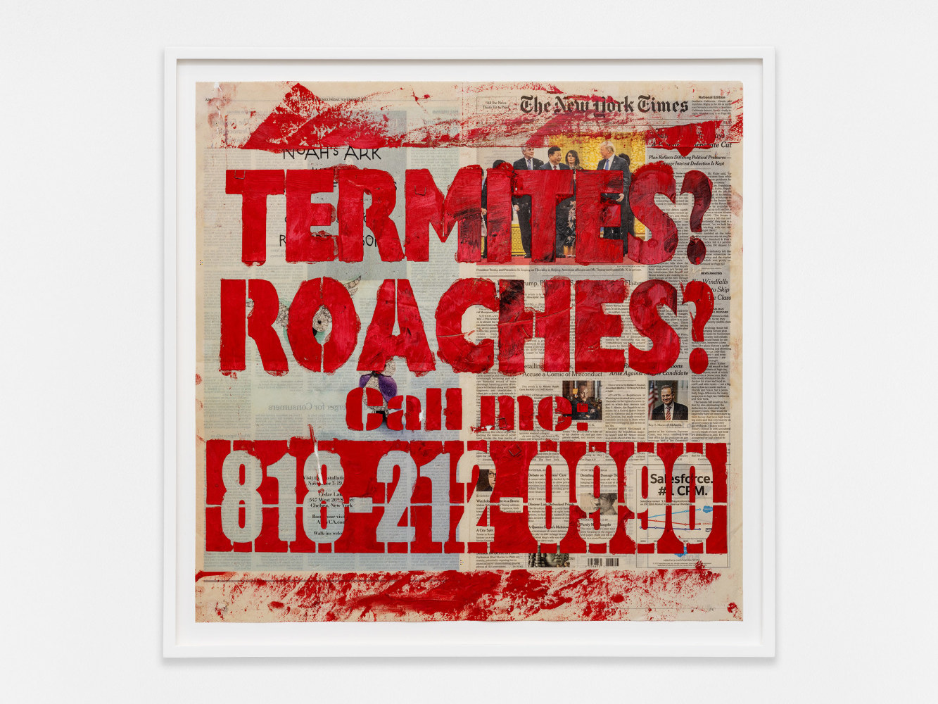 Walead Beshty
TERMITES? ROACHES? Call Me: 818-212-0990 [The New York Times, Friday 10 November 2017; Los Angeles, California]
2023
Oil pastel and staples on newspaper
25 5/8 x 25 5/8 x 1 3/4 inches (65.1 x 65.1 x 4.4 cm)