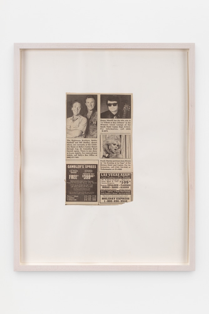 Jack Pierson
The Righteous Brothers, Kenny Morrill, Frank Marina
1991
Newsprint on paper

Framed Dimensions:
15 x 12 x 1 1/4 inches (38.1 x 30.5 x 3.2 cm)
Paper Dimensions:
11 x 14 inches (27.9 x 35.6 cm)

$10,000