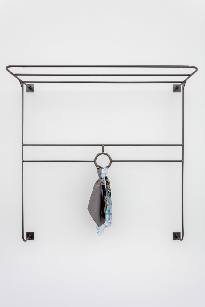 Theaster Gates
Fixture for Single Ascot
2019
Steel, 1970&amp;#39;s ascot pattern made from artist&amp;#39;s clothing, garments variable
50 3/4 x 50 1/8 x 18 1/4 inches (128.9 x 127.3 x 46.4 cm)
$250,000

DOUBLE CLICK IMAGE FOR MORE VIEWS