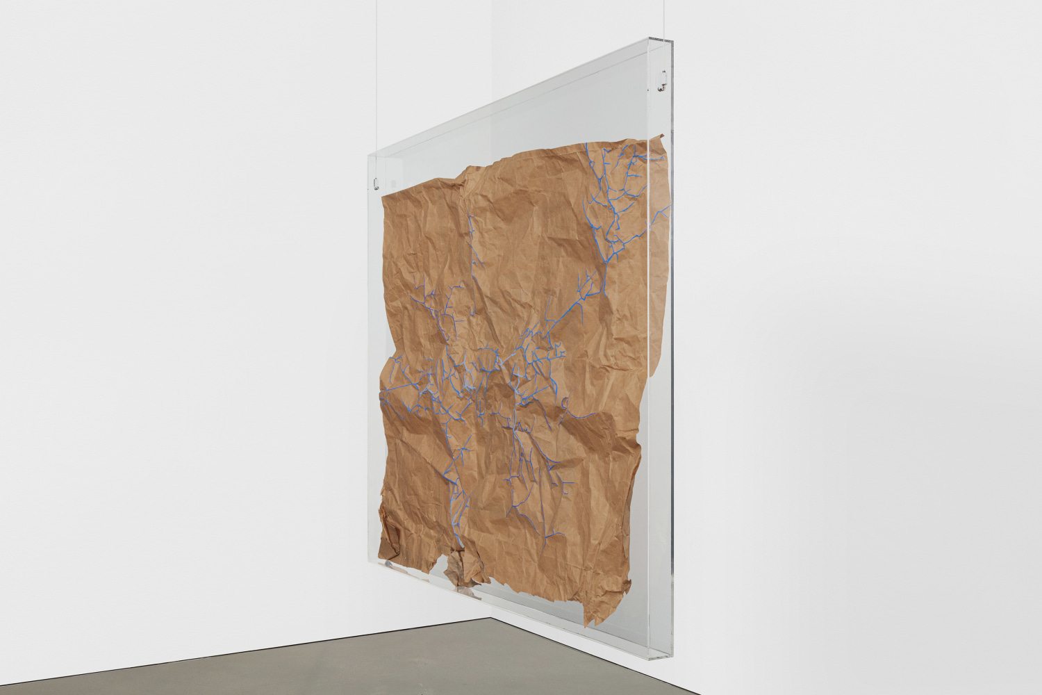 Kader Attia
Untitled
2020
Kraft paper with blue pigment framed in plexiglass box
39 3/8 x 43 1/4 x 1 1/4 inches (100 x 110 x 3 cm)