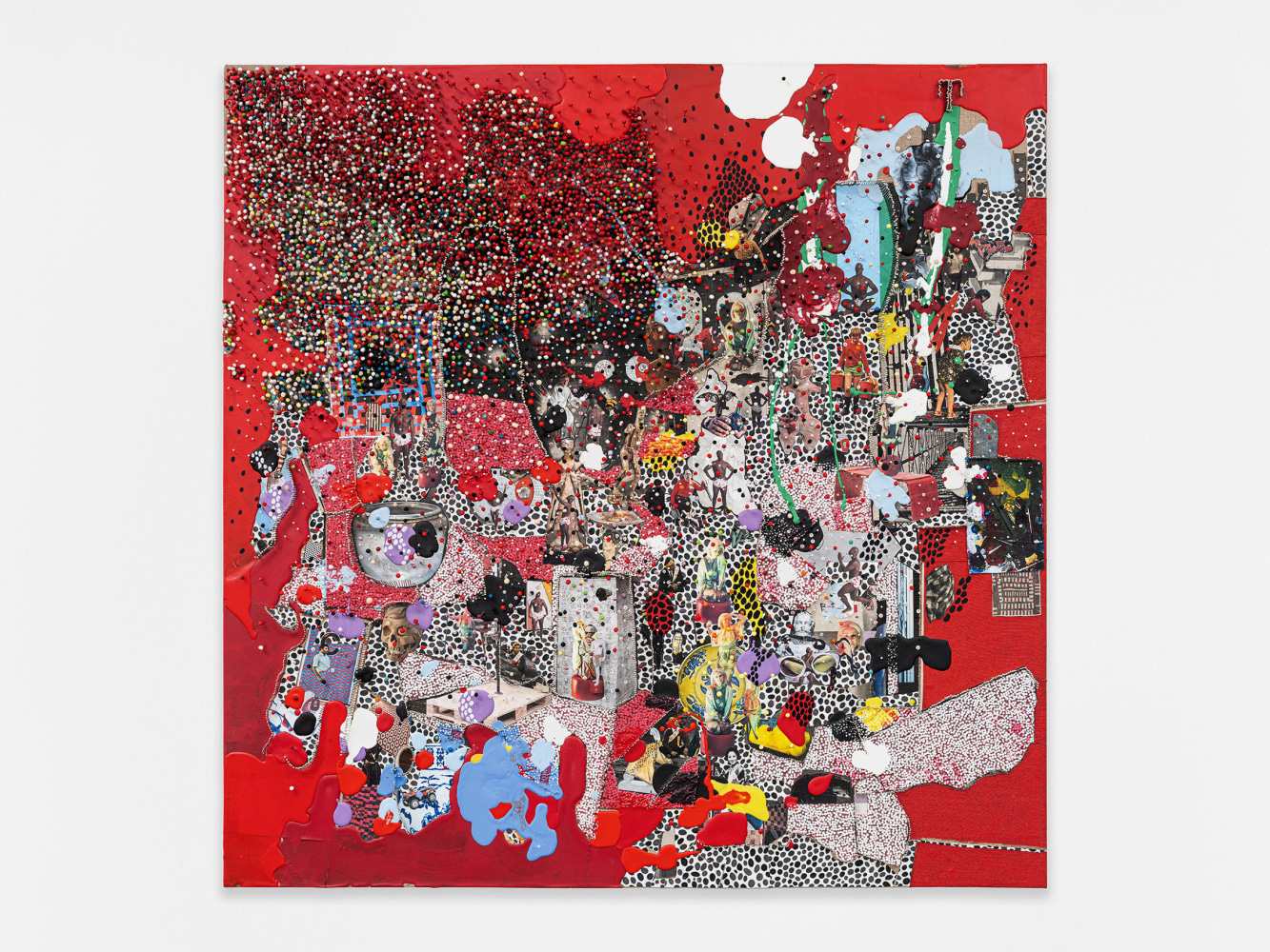 Elliott Hundley
14.5.24.1
2024
Encaustic, polymer clay, paper, pins, colored pencil, plastic, oil, linen, and foam on panel
48 1/2 x 48 1/4 x 5 1/2 inches (123.2 x 122.6 x 14 cm)