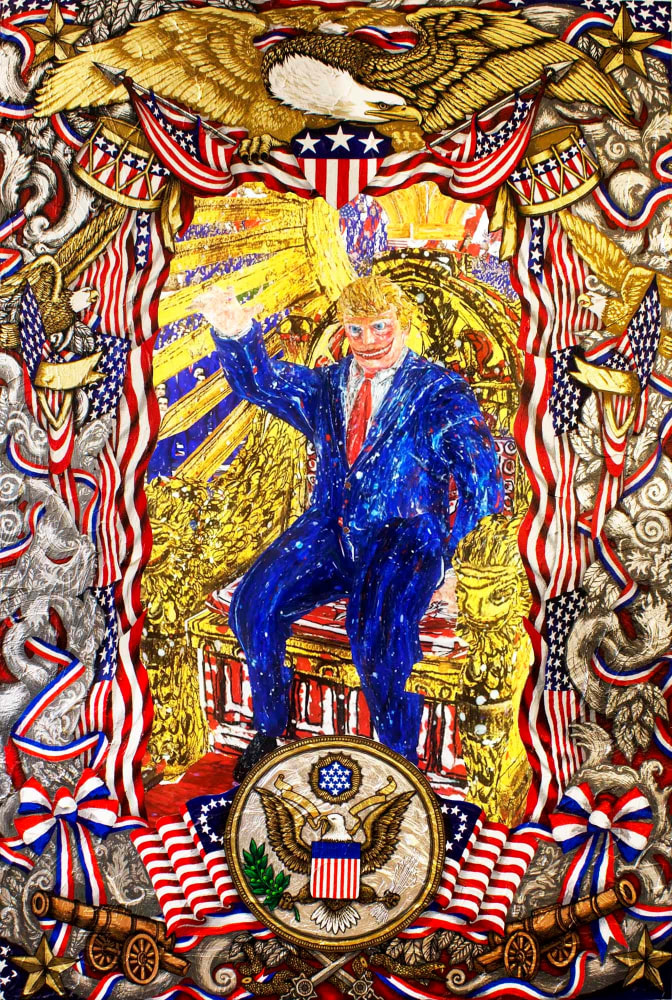 Federico Solmi
The Beloved Trickster, 2017-2018
Animated video, LED monitor, acrylic, gold leaf, and silver leaf on plexiglass
03:04 min video loop
72 x 48 in&amp;nbsp; (182.9 x 121.9 cm)
FS6517