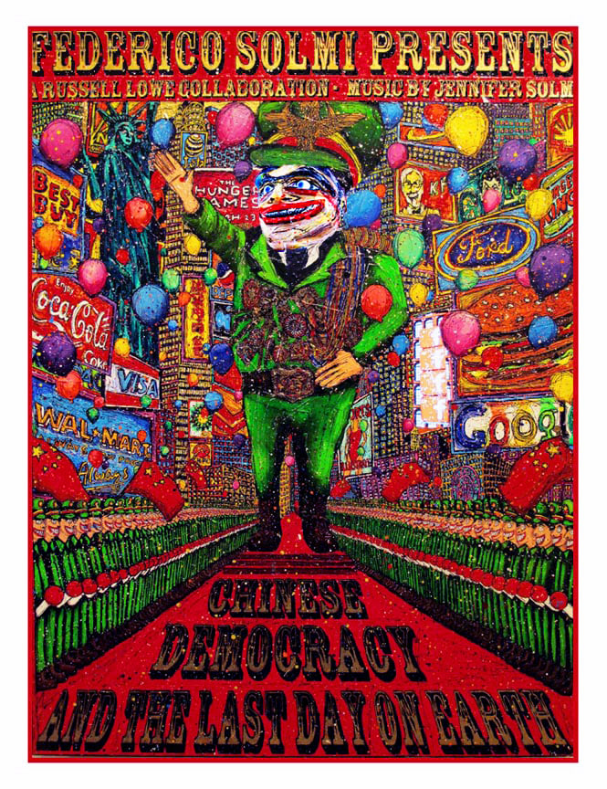 Federico Solmi
Chinese Democracy and the Last Day on Earth, 2012
Acrylic, ink, gold leaf on paper, panel, one digital screen
48 x 36 in&amp;nbsp; (121.9 x 91.4 cm)
FS582