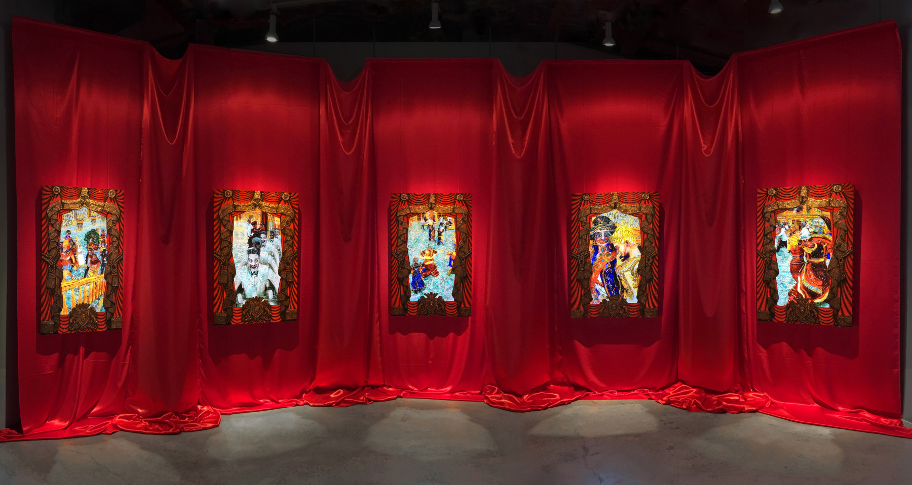 Federico Solmi
The Ballroom, 2016
Installation of five video paintings with crimson curtains/set&amp;nbsp;
Acrylic paint and gold leaf on plexiglass, fabric, painted frames, LED screens, video loops
156 x 384 in&amp;nbsp; (396.2 x 975.4 cm) Installation
FS6040