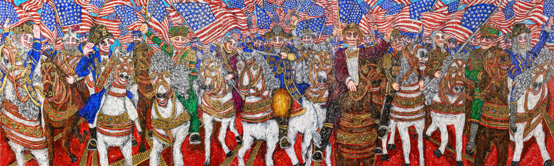 Federico Solmi
The Great Debauchery, 2019
Acrylic paint, gold leaf, silver leaf, pen and ink, and
mixed media on 3 wood panels with shaped wood relief
72 x 240 x 3 in&amp;nbsp; (182.9 x 609.6 x 7.6 cm)
FS10653

&amp;nbsp;