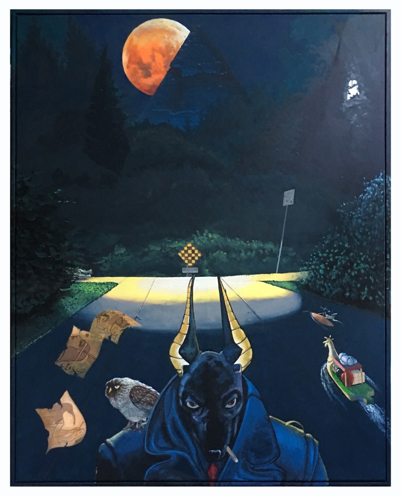 Jim Adams
Harry and Anubis, 2018
Acrylic on canvas, hand-painted artist frame
40.5 x 32.5 i