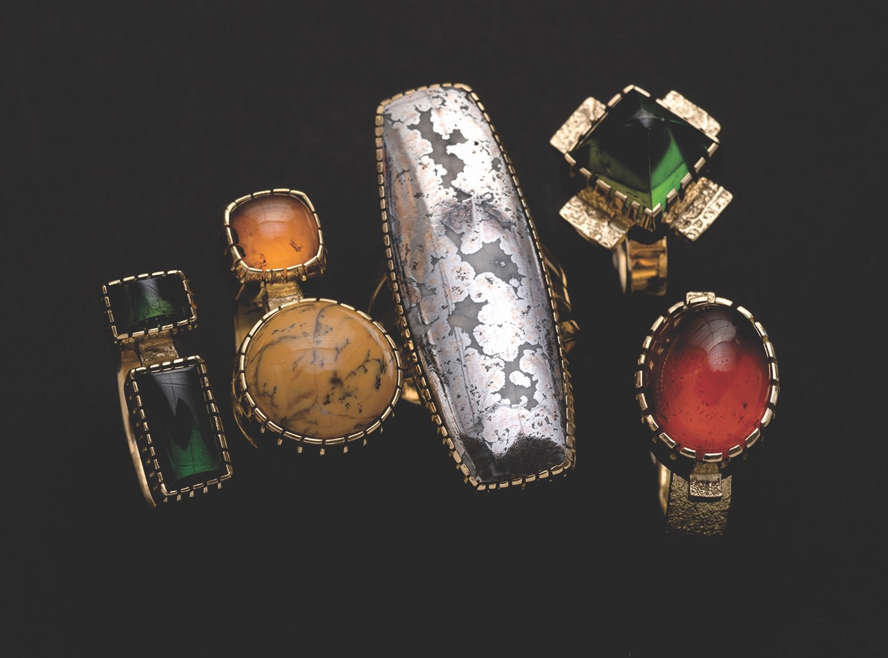 Yazzie Johnson and Gail Bird&amp;nbsp;(b. 1946;&amp;nbsp;1949),&amp;nbsp;Rings,&amp;nbsp;14kt gold with various precious stones, various sizes