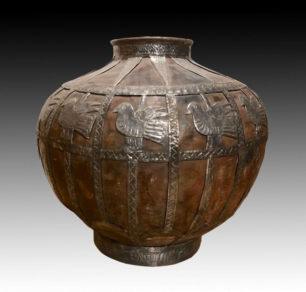 Tarahumara Pot with Applied Tin, fired clay and tin, 22 h x 24 d inches, OC99