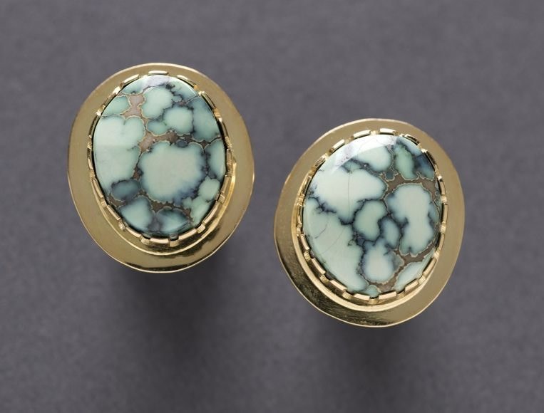 Post Earrings, d. 2020, variscite with 18kt gold,&amp;nbsp;3/4 x 5/8 inches each,&amp;nbsp;OC311-116