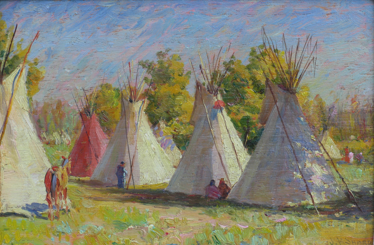 Crow Camp Near Custer Battlefield, Montana, c. 1908&amp;ndash;9, oil on cedar cigar box lid, 5-1/2 x 8-1/2 inches, OC364-8