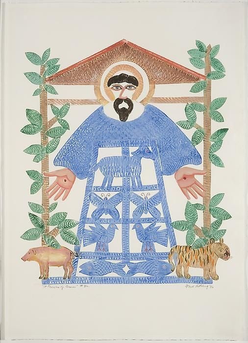 St. Francis, d. 1986, embossed painting, 40 x 30 inches
