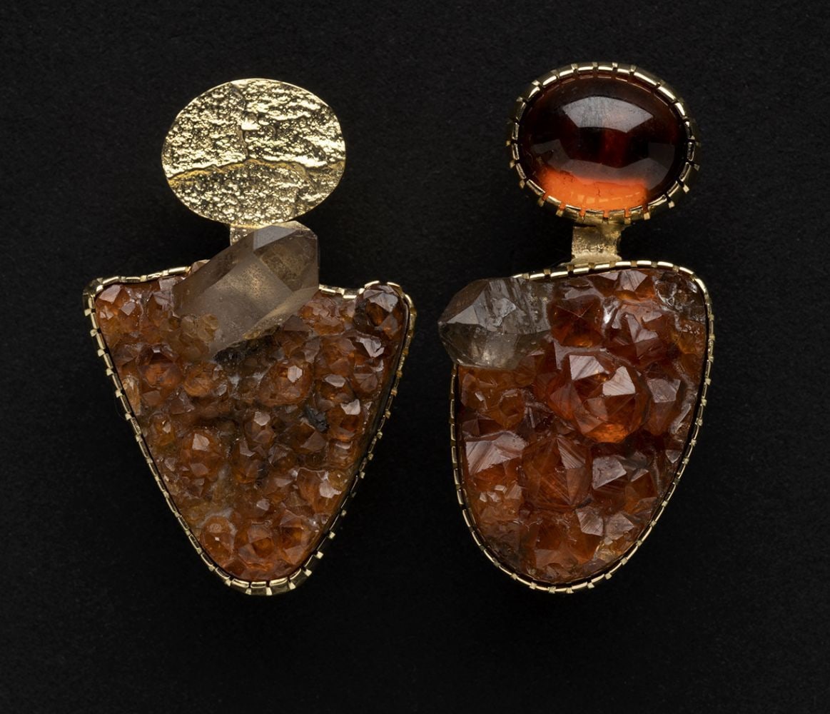Earrings, d. 2020,&amp;nbsp;garnet and crystal Brazilian agate with&amp;nbsp;18kt gold&amp;nbsp;1 3/8 x 1&amp;nbsp;inches - each,&amp;nbsp;OC311-137