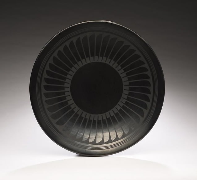 Maria Martinez (1887&amp;ndash;1980)&amp;nbsp;and&amp;nbsp;Santana Martinez (1902&amp;ndash;2002),&amp;nbsp;Feather Plate, fired balckware, 15&amp;nbsp;inches diameter, signed &amp;quot;Marie + Santana,&amp;quot; NP30-15