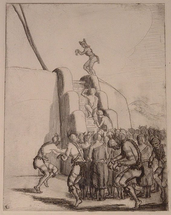 Koshare Kiva Dancers, etching and graphite on paper, 9-1/2 x 7-3/8 inches, NP66-387-B