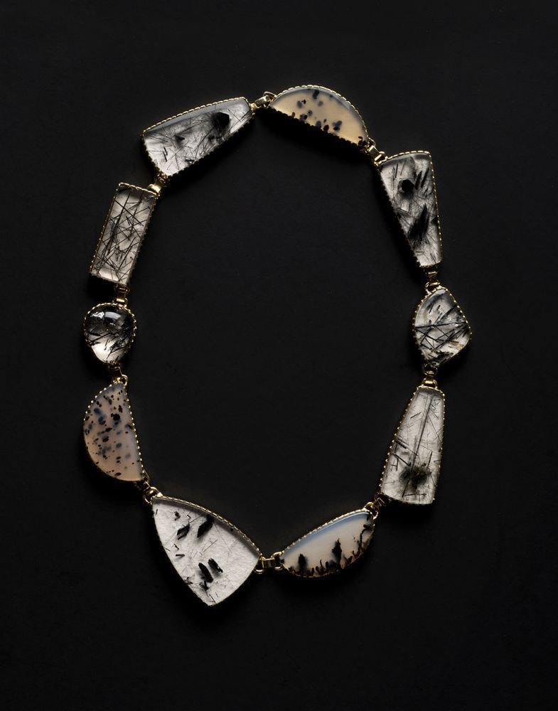 Necklace, d. 2020,&amp;nbsp;tourmalinated quartz and Montana agate with&amp;nbsp;18kt gold&amp;nbsp;19&amp;nbsp;inches long,&amp;nbsp;OC311-129
