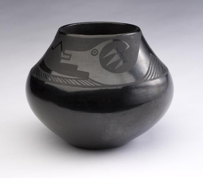 Maria Martinez (1887&amp;ndash;1980)&amp;nbsp;and Julian Martinez (1897&amp;ndash;1943), Jar with Avanyu Design, c. 1930s, fired blackware, 7 1/2 h&amp;nbsp;x 9 w, signed &amp;quot;Marie + Julian,&amp;quot;&amp;nbsp;TOG5515