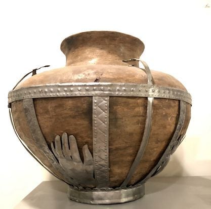 Mexican Pot Refashioned with Tin, ceramic with tin, 13-5/8 h x 15 d, OC99