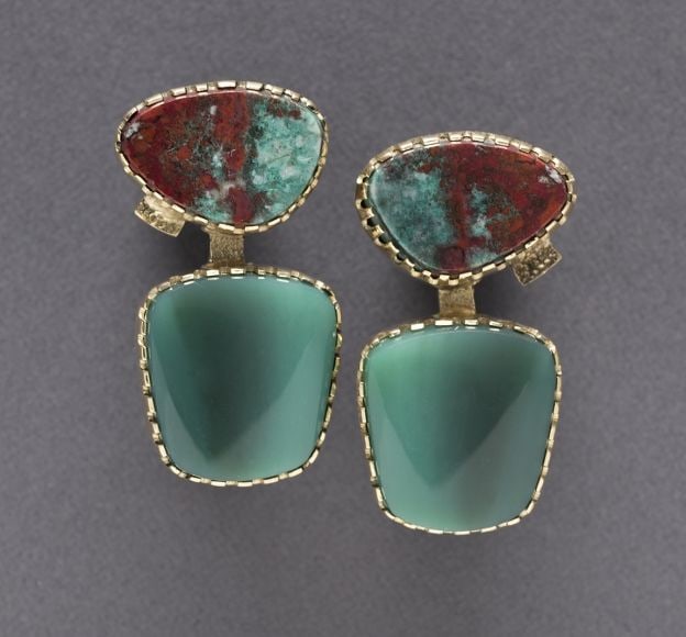 Post Earrings, d. 2020, cuprite and fossil palm with 18kt gold,&amp;nbsp;1-1/4 x 5/8 inches each,&amp;nbsp;OC311-113