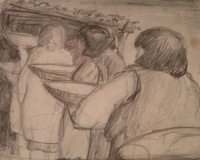 Line of Women at Feast Day, graphite on paper, 3-3/8 x 4-1/8 inches, NP66-280