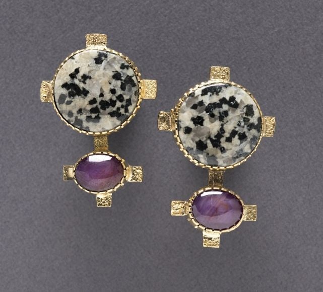 Post Earrings, d. 2020, tourmaline in quartz with star ruby and 18kt gold, 1-1/4 x 3/4 inches each,&amp;nbsp;OC311-111