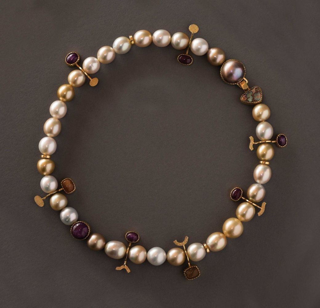 Necklace, d. 2019, South Seas pearls with star ruby, ruby and sunstone with tufa-cast accents and&amp;nbsp;18kt gold,&amp;nbsp;19&amp;nbsp;inches long,&amp;nbsp;OC311-1