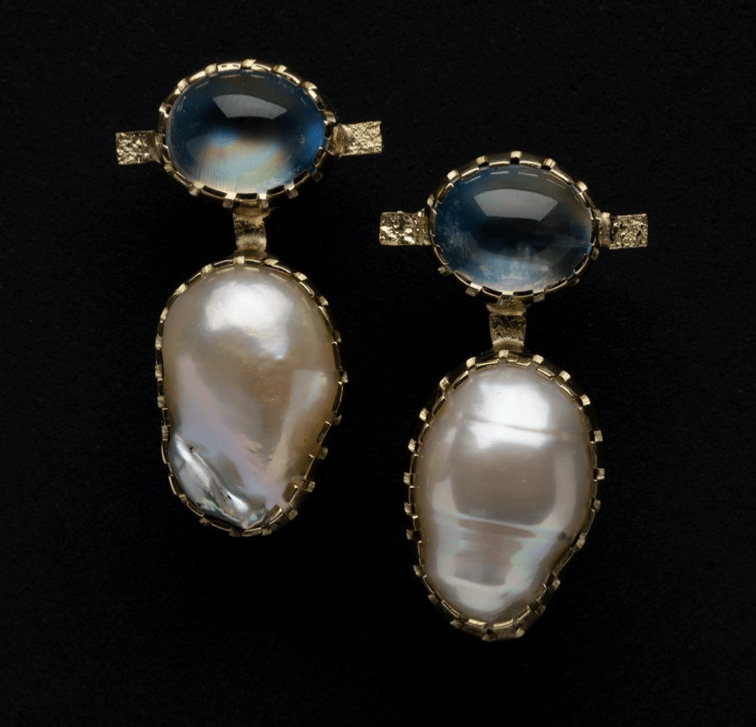 Earrings, d. 2020, rainbow moonstone and freshwater pearl with&amp;nbsp;18kt gold,&amp;nbsp;1 1/4 x 3/4&amp;nbsp;inches - each,&amp;nbsp;OC311-135