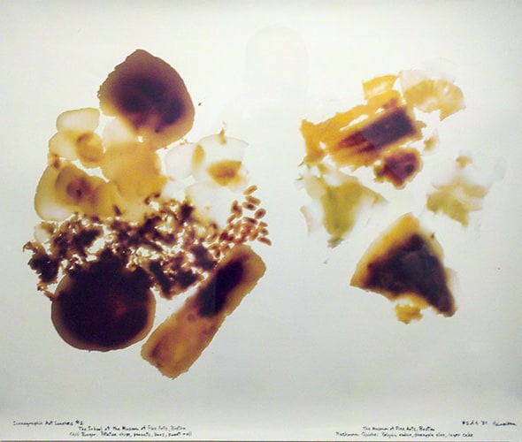 Iconographic Art Lunches # 2. The School of the Museum of Fine Arts: Boston:  (chili burger, Potato chips, peanuts, buns, sweet roll); The Museum of Fine Arts,  Boston: (Mushroom quiche, Belgian endive, pineapple slice, layer cake), 1984