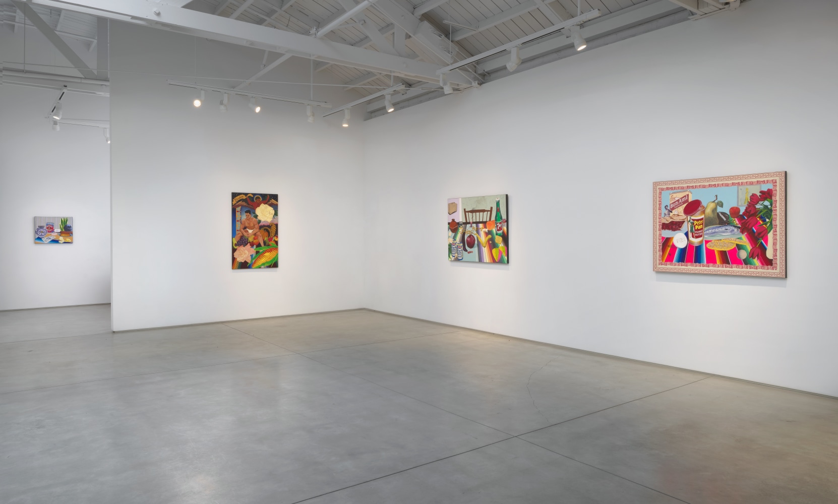 An installation image of Joey Terrill's show 'Still Here' featuring paintings including the painting &quot;Bite Me.&quot;