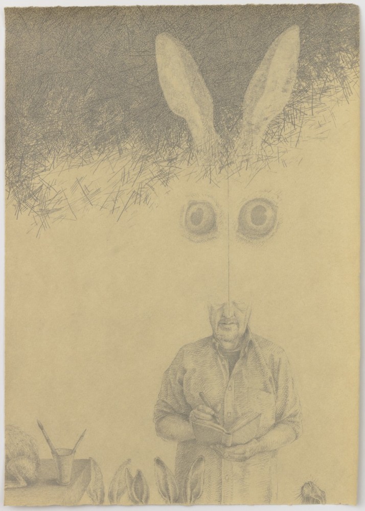 A drawing of the artist drawing with rabbit ears floating above