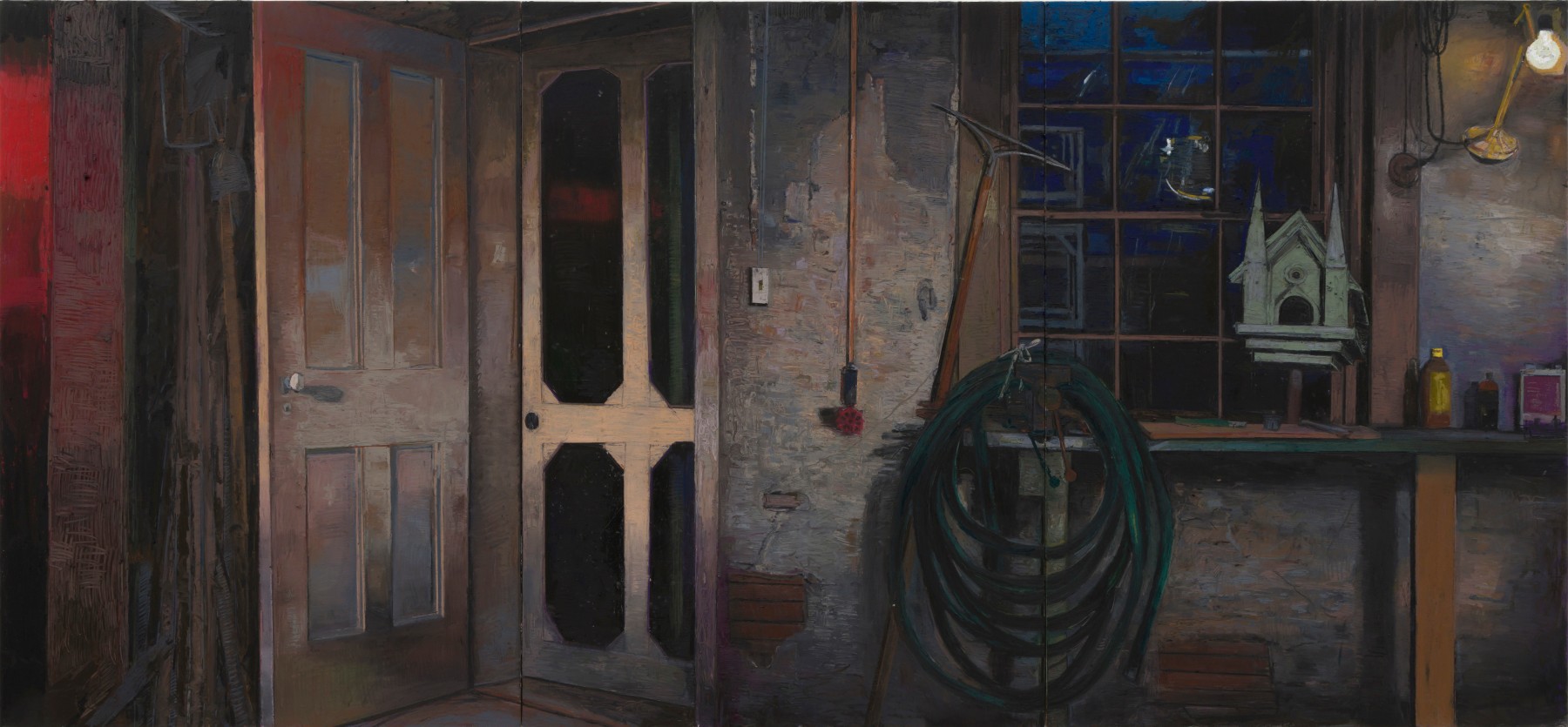 Michelle Uckotter, Cellar, 2025, oil and pastel on three panels, 52 x 111 3/4 inches, overall