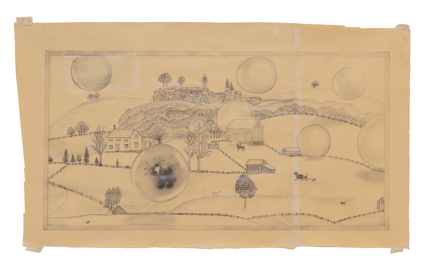 A landscape with bubbles including one with Felix the cat inside