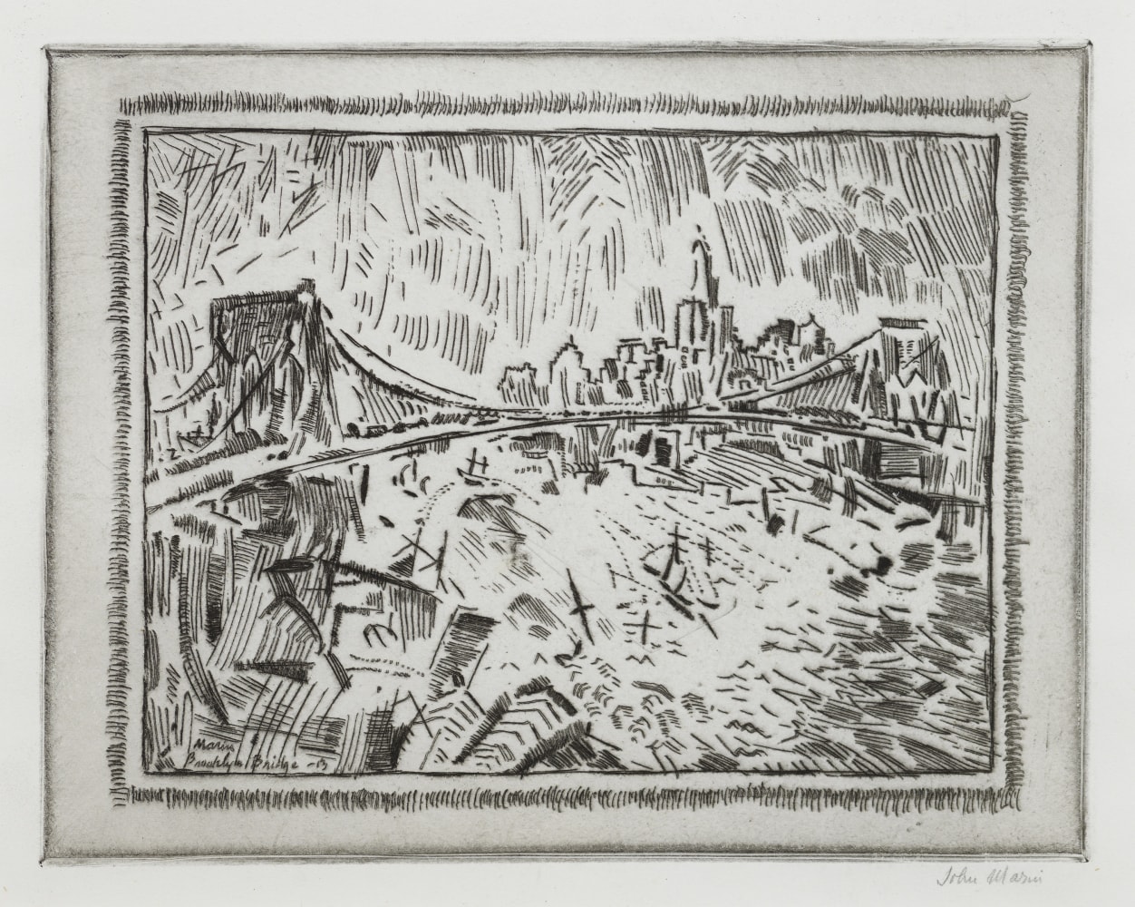 John Marin (1870-1953)
Brooklyn Bridge and Lower New York, 1913
Etching and drypoint
6 3/4 x 8 1/2 inches

&amp;nbsp;